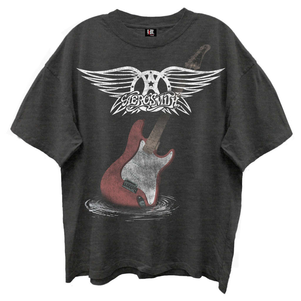 AEROSMITH GUITAR WINGS VINTAGE BLACK ENZYME WASH T-SHIRT/GIANT VINTAGE T-SHIRT