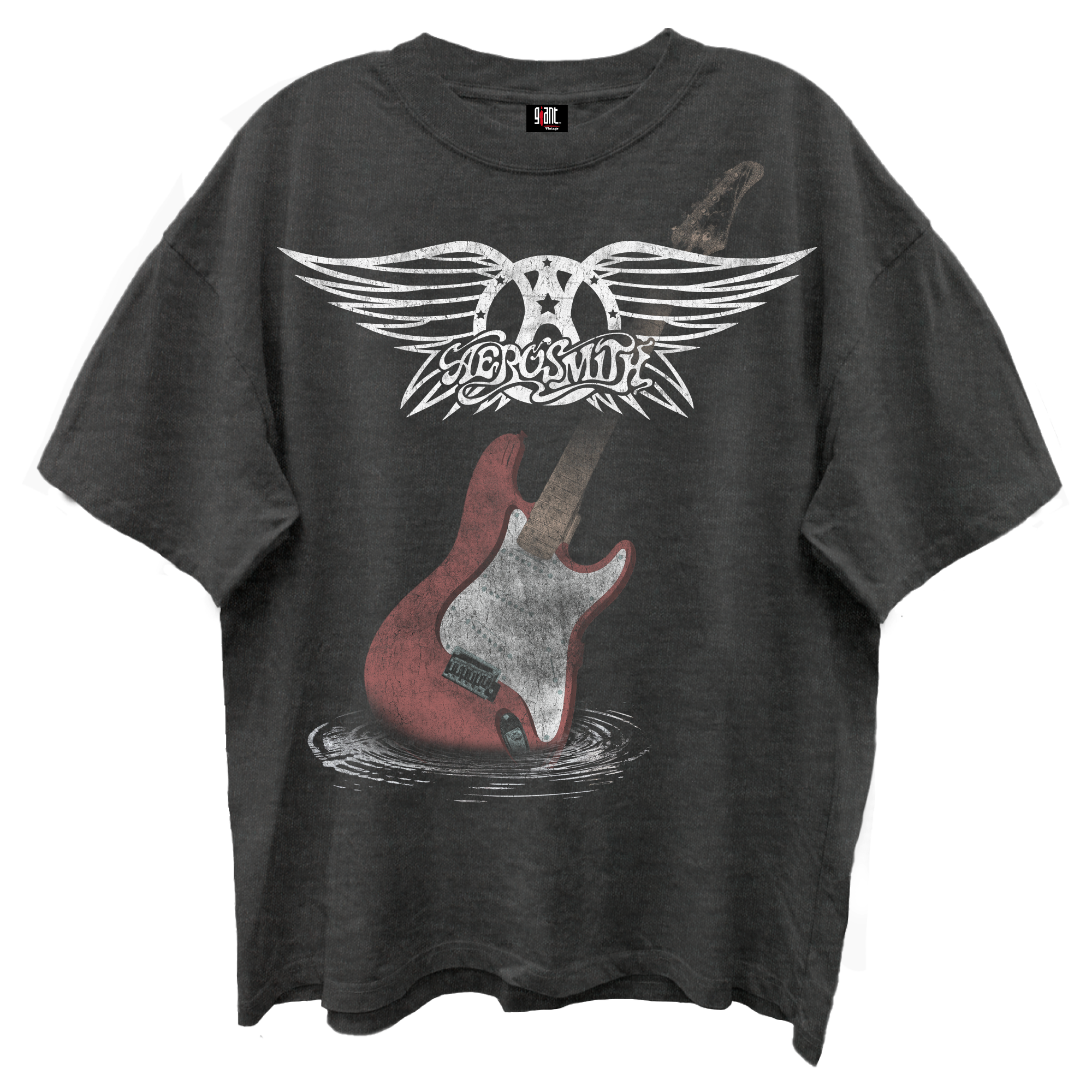 AEROSMITH GUITAR WINGS VINTAGE BLACK ENZYME WASH T-SHIRT/GIANT VINTAGE T-SHIRT
