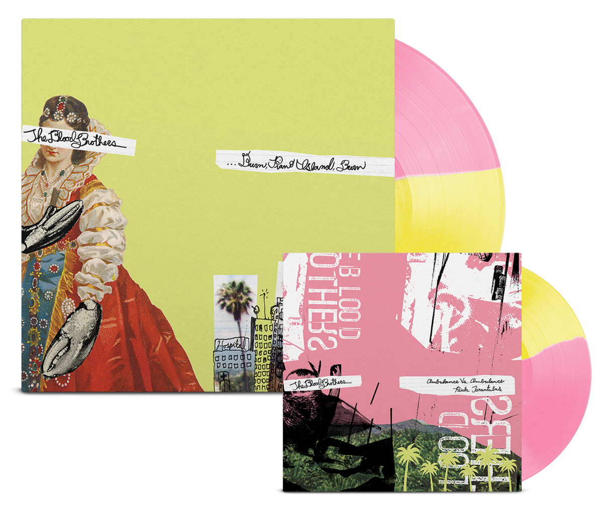 THE BLOOD BROTHERS 'BURN, PIANO ISLAND, BURN' DELUXE COLLECTOR'S EDITION LP + 7" (Limited Edition ' Only 500 Made, Half Opaque Yellow / Half Opaque Pink Vinyl)