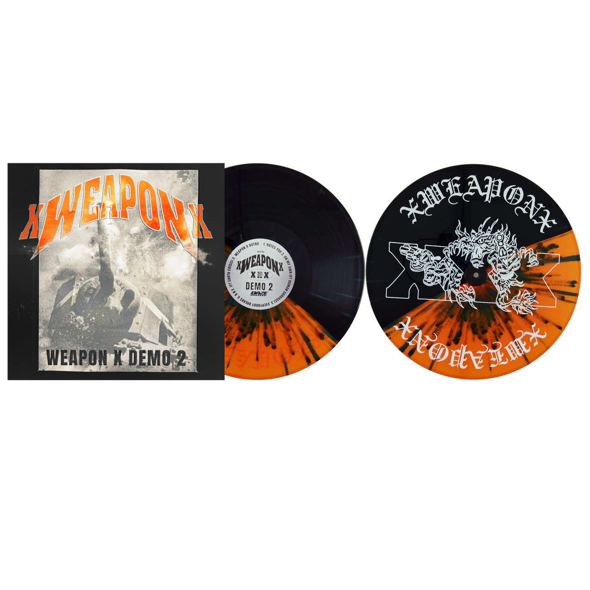 XWEAPONX ‘WEAPON X DEMO 2’ EP (Exclusive – Limited to 150, Half Clear Orange / Half Black w/ Dark Blue Splatter w/ Silk Screened B-Side Vinyl)
