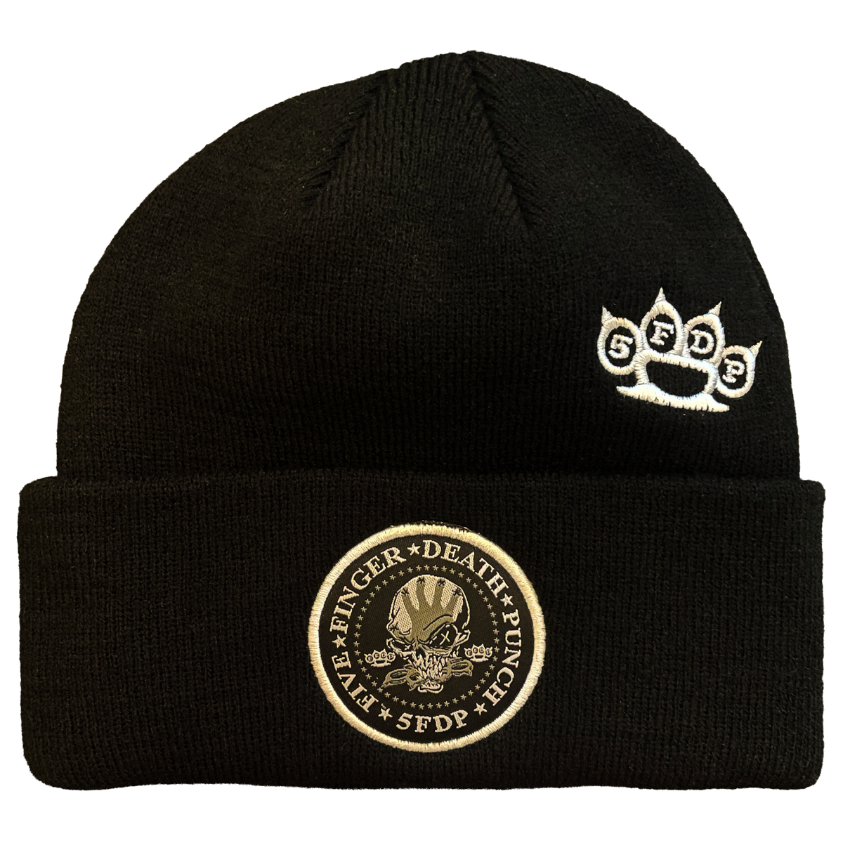 FIVE FINGER DEATH PUNCH WOVEN PATCH LOGOS 1X1 RIBBED ACRYLIC KNIT HAT